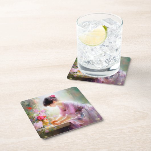 Mädchen im Blumengarten Rechteckiger Pappuntersetzer (Vor Ort)