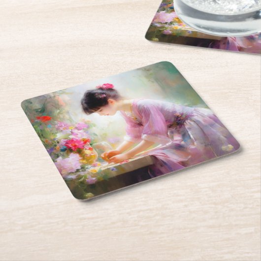 Mädchen im Blumengarten Rechteckiger Pappuntersetzer (angewinkelt)