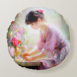 Mädchen im Blumengarten Rundes Kissen