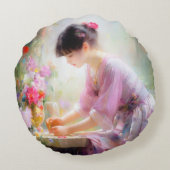 Mädchen im Blumengarten Rundes Kissen (Rückseite)