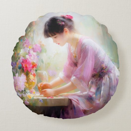Mädchen im Blumengarten Rundes Kissen (Vorderseite)