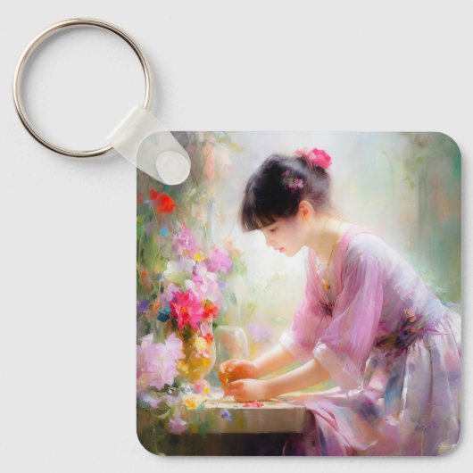 Mädchen im Blumengarten Schlüsselanhänger (Vorderseite)