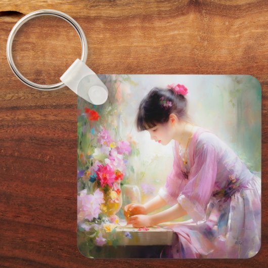 Mädchen im Blumengarten Schlüsselanhänger (Vorderseite)