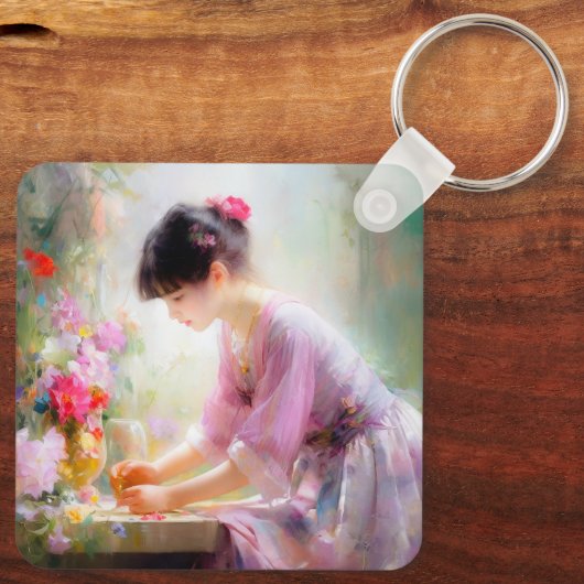 Mädchen im Blumengarten Schlüsselanhänger (Rückseite)