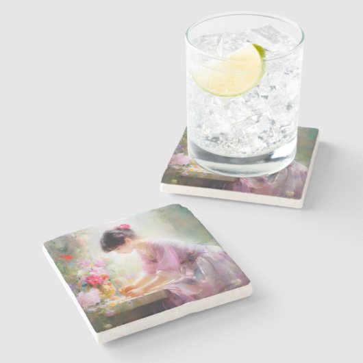 Mädchen im Blumengarten Steinuntersetzer (Seitenansicht)