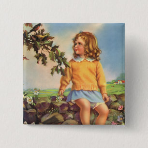 Mädchen im Frühling, das Vögel in einem Baum beoba Button