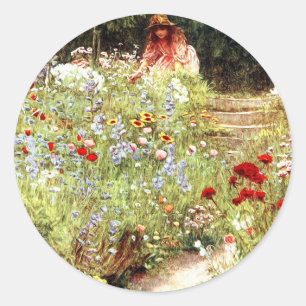 Mädchen im Garten Malerei-Aufkleber Runder Aufkleber