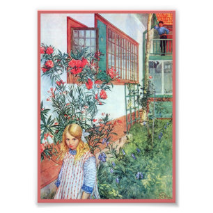 Mädchen im Garten mit roten Blume Fotodruck