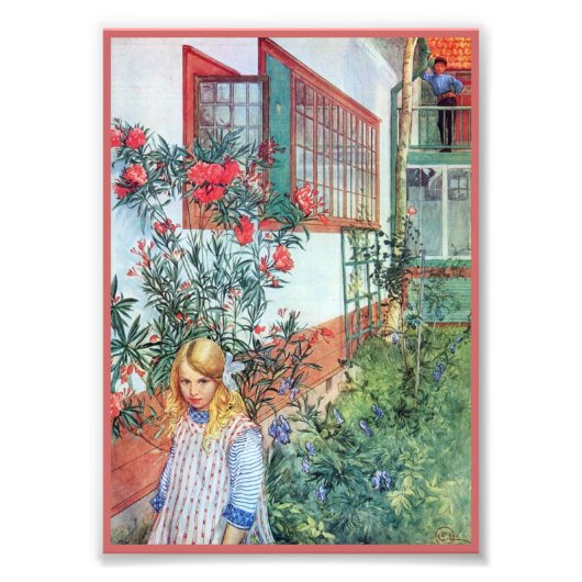 Mädchen im Garten mit roten Blume Fotodruck (Vorne)
