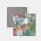 Mädchen im Garten mit roten Blume Magnet (Vorderseite/Rückseite)