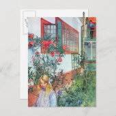 Mädchen im Garten mit roten Blume Postkarte (Vorne/Hinten)