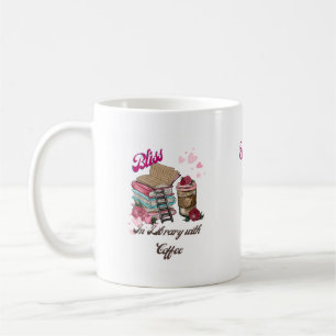 Mädchen im Glück mit Büchern und Kaffee in der Bib Kaffeetasse