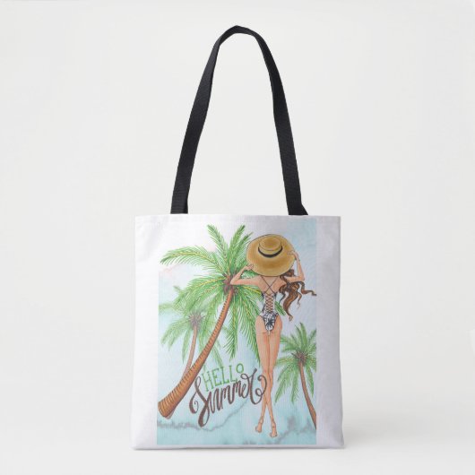 Mädchen im Hut-Mode-Illustrations-hallo Sommer Tasche (Vorderseite)