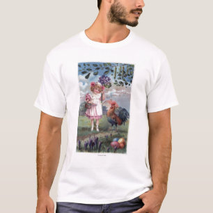 Mädchen im Rosa, das lila Blumen hält T-Shirt