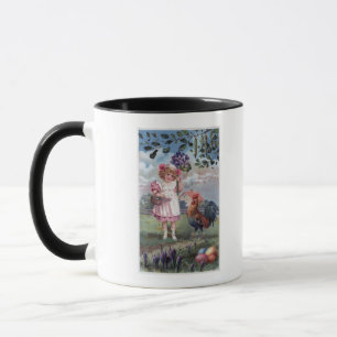 Mädchen im Rosa, das lila Blumen hält Tasse
