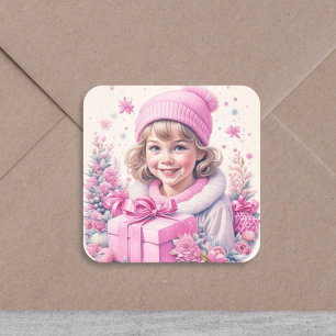 Mädchen im Vintage-Look in Rosa mit Geschenkschach Quadratischer Aufkleber