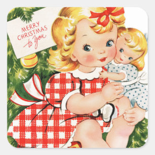Mädchen im Vintage-Look umarmt Puppe Quadratischer Aufkleber