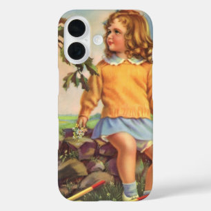 Mädchen im Vintage-Stil beobachtet Vögel in einem iPhone 16 Hülle