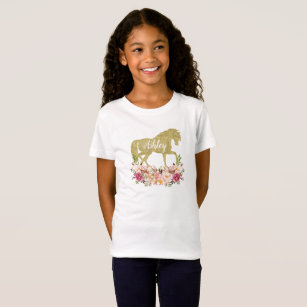 Mädchen-Imitat-Gold und BlumenpferdeShirt T-Shirt
