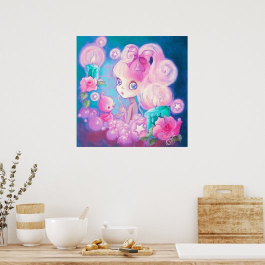 Mädchen in Bubblebath mit Kerzen und Rose Poster (Küche)