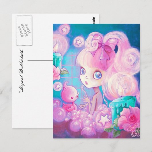 Mädchen in Bubblebath mit Kerzen und Rose Postkarte (Vorne/Hinten)