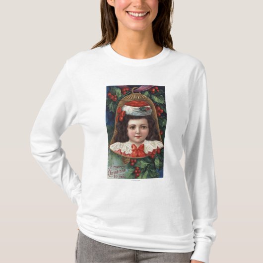 Mädchen in der Weihnachtsmannmütze in Bell T-Shirt (Vorderseite)