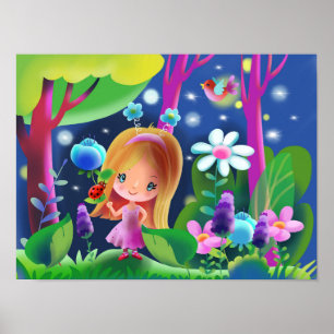 Mädchen in einem magischen Wald mit Blumen und ein Poster