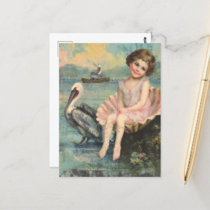 Mädchen in einem Seashell und einem Pelikan Postkarte