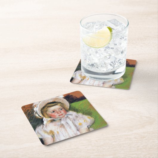 Mädchen in einem weißen Bonnet, Mary Cassatt Rechteckiger Pappuntersetzer (Vor Ort)