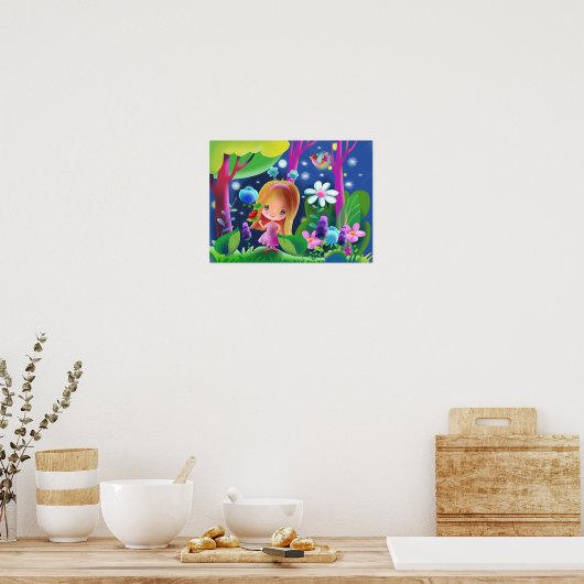 Mädchen in einem zauberhaften Wald mit Blume und e Poster (Küche)