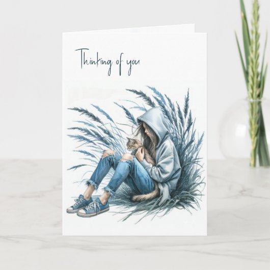 Mädchen in einer Hoodie mit einer Katze für Hausti Karte (Vorderseite)