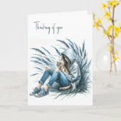 Mädchen in einer Hoodie mit einer Katze für Hausti Karte (Gelbe Blume)