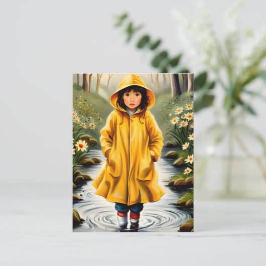 Mädchen in gelbem Regenmantel Postkarte (Stehend Vorderseite)