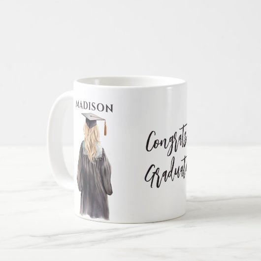 Mädchen in grauem Abschluss Kaffeetasse (Vorderseite Links)