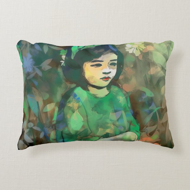 Mädchen in grünem Kleid Dekokissen (Vorderseite)