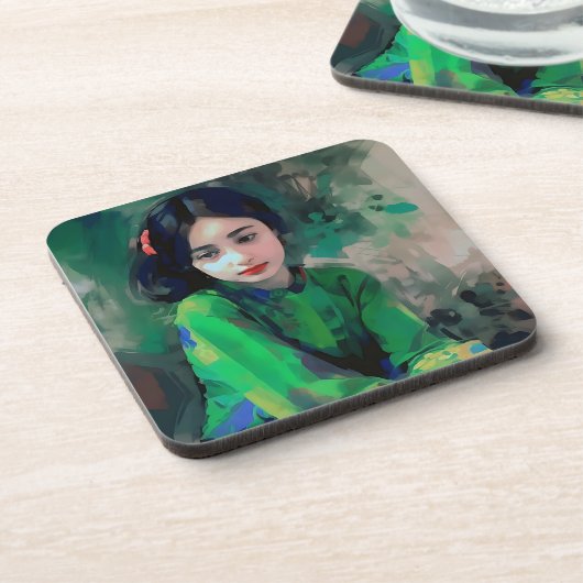 Mädchen in grünem Kleid Getränkeuntersetzer (Linke Seite)