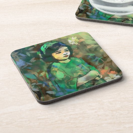 Mädchen in grünem Kleid Getränkeuntersetzer (Linke Seite)