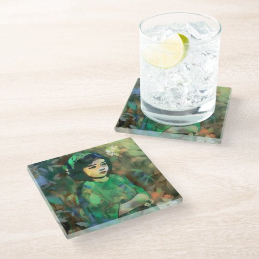 Mädchen in grünem Kleid Glasuntersetzer (Schrägansicht)