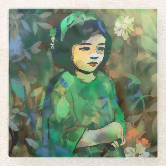 Mädchen in grünem Kleid Glasuntersetzer (Vorderseite)