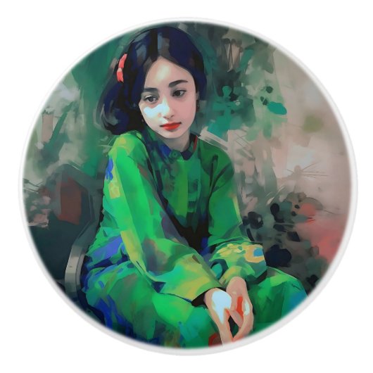 Mädchen in grünem Kleid Keramikknauf (Vorderseite)