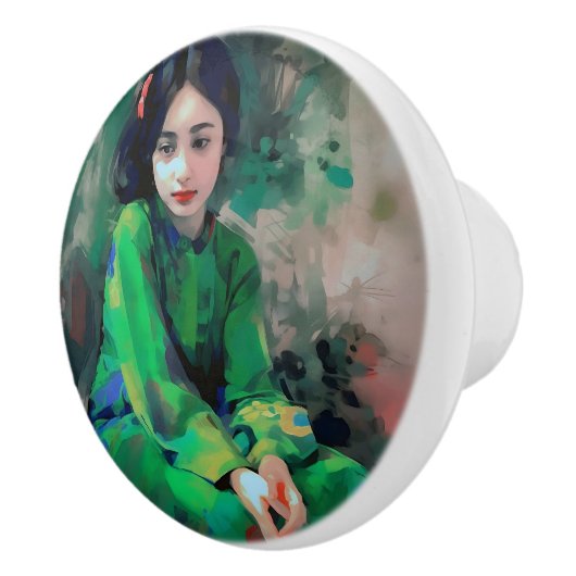 Mädchen in grünem Kleid Keramikknauf (Rechts)