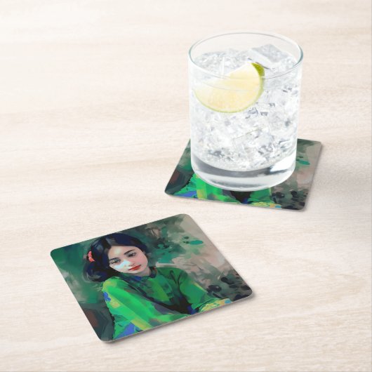 Mädchen in grünem Kleid Rechteckiger Pappuntersetzer (Vor Ort)