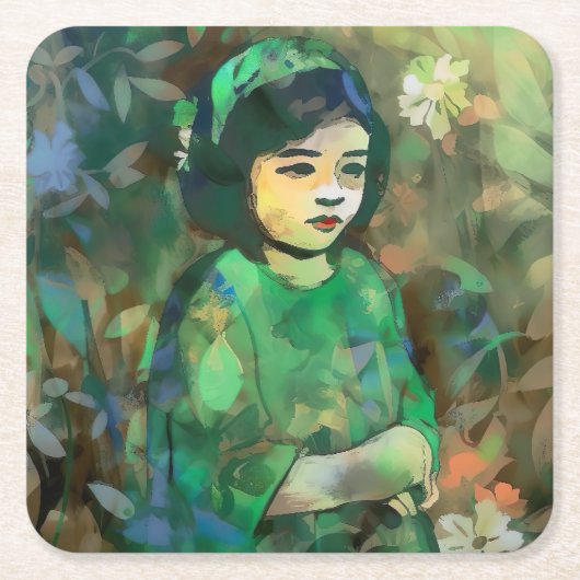 Mädchen in grünem Kleid Rechteckiger Pappuntersetzer (Vorderseite)