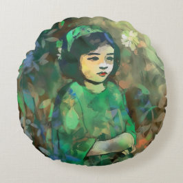 Mädchen in grünem Kleid Rundes Kissen