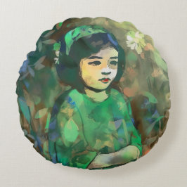 Mädchen in grünem Kleid Rundes Kissen