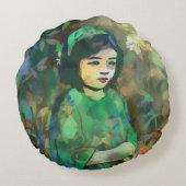 Mädchen in grünem Kleid Rundes Kissen (Rückseite)