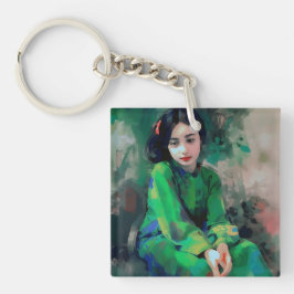 Mädchen in grünem Kleid Schlüsselanhänger
