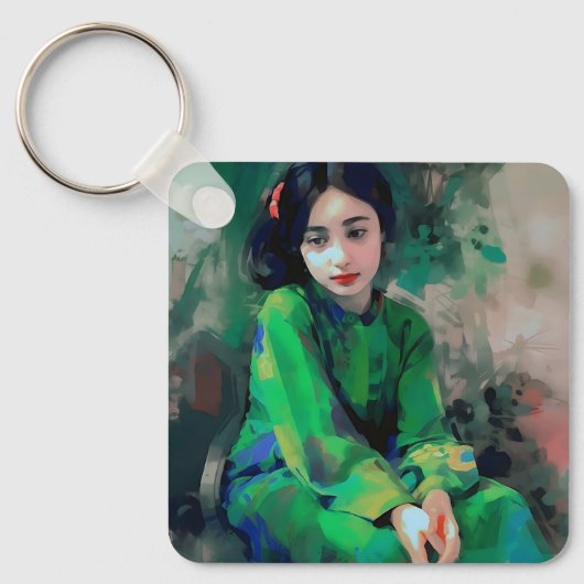 Mädchen in grünem Kleid Schlüsselanhänger (Vorderseite)