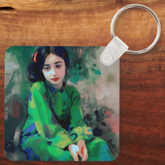 Mädchen in grünem Kleid Schlüsselanhänger (Rückseite)