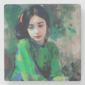 Mädchen in grünem Kleid Steinuntersetzer (Vorderseite)